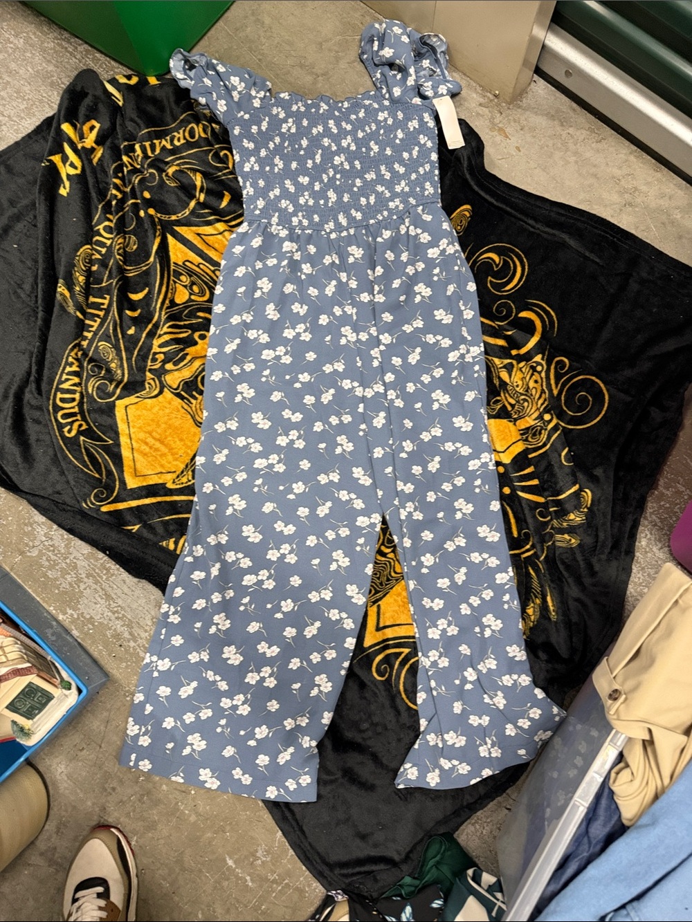 Inspired Hearts Blue Floral Smocked Jumpsuit with Ruffle Straps